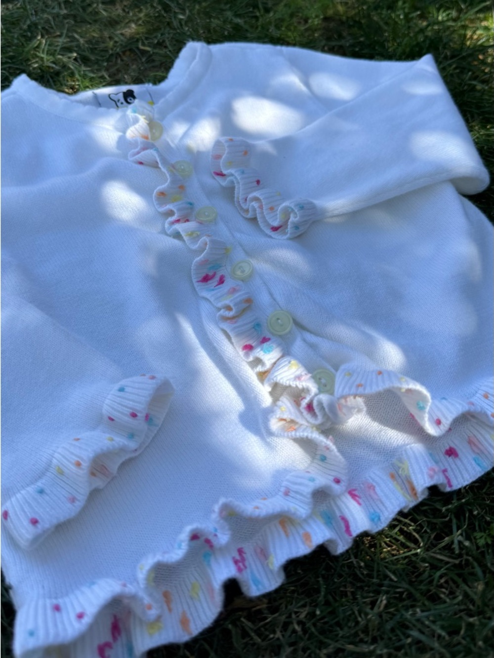 Vintage Sprockets White Ruffle Button Cardigan with Pastel Dots 18m